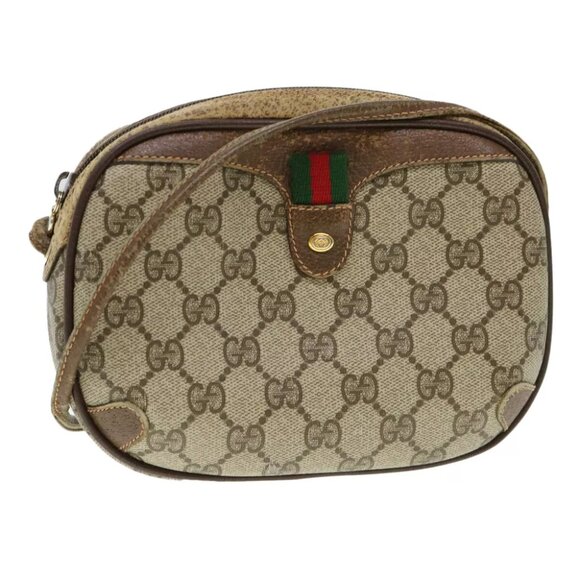 GUCCI Web Sherry Line GG Canvas Shoulder Bag PVC Leather Beige Green Auth - Picture 1 of 7